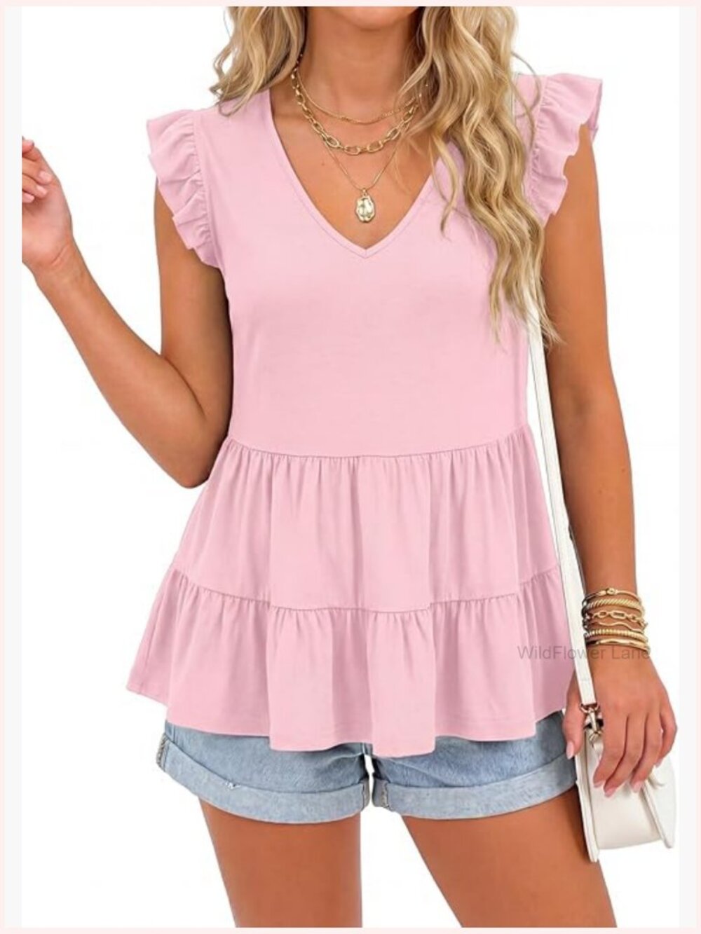 V Neck Sleeveless Ruffle Hem Peplum Babydoll Tank Top Dressy Casual Blouse - Picture 1 of 7